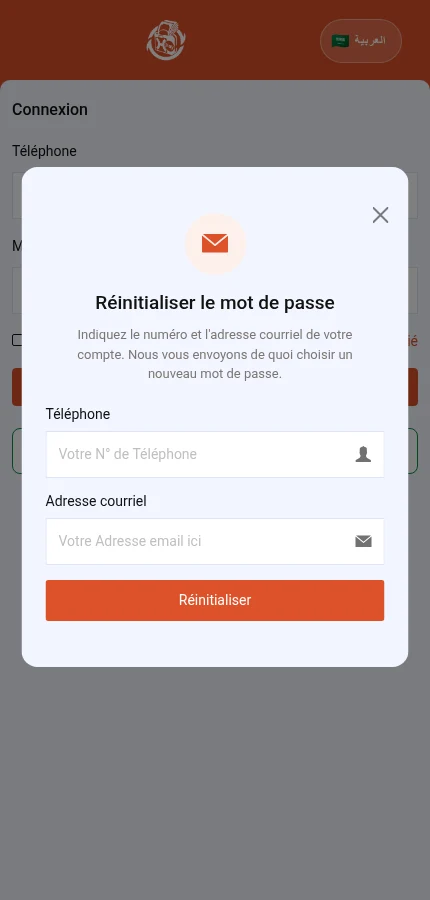 ابحث عن: ⁨« Téléphone »⁩ · ⁨« Adresse courriel »⁩ · ⁨« Réinitialiser »⁩. النموذج فارغ: أدخل بيانات حسابك الخاص.