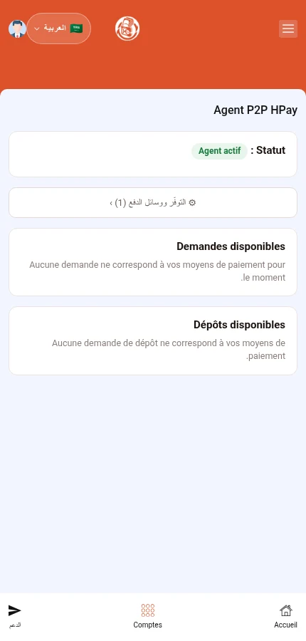 ابحث عن: ⁨« التوفّر ووسائل الدفع »⁩. الوكيل نشط ولكن لا توجد طلبات متاحة في المثال.