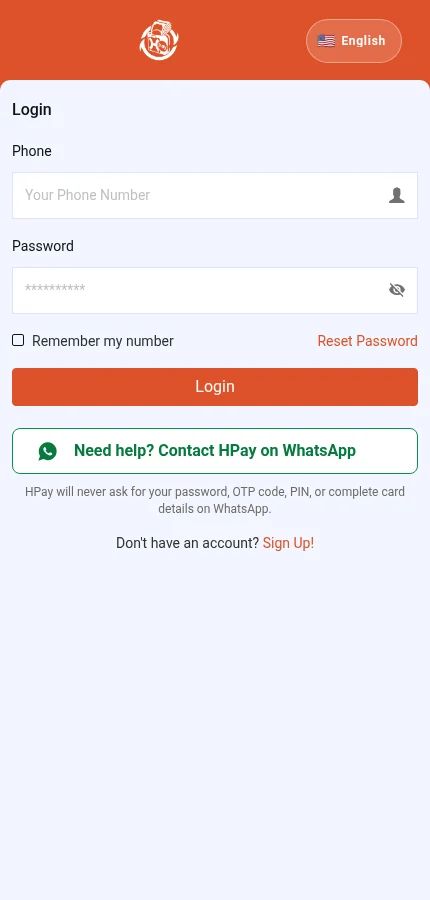 Look for: ⁨« Phone »⁩ · ⁨« Password »⁩ · ⁨« Login »⁩ · ⁨« Sign Up! »⁩. The form is empty: enter the details of your own account.