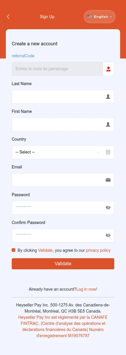 Look for: ⁨« Last Name »⁩ · ⁨« First Name »⁩ · ⁨« Country »⁩ · ⁨« Validate »⁩. No country is selected yet. Additional fields may appear after your selection.