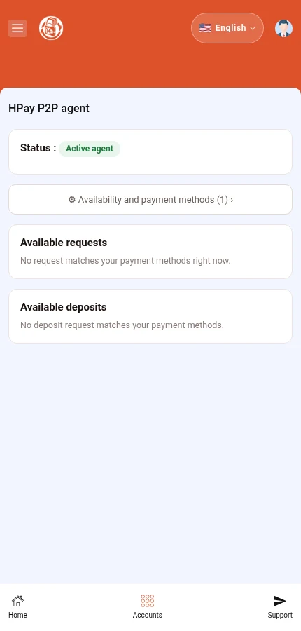 Look for: ⁨« Availability and payment methods »⁩. The agent is active, but no requests are available in this example.