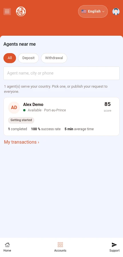 Look for: ⁨« Agents near me »⁩. Search is above the fictional agent’s card. Tap the card to open the profile.