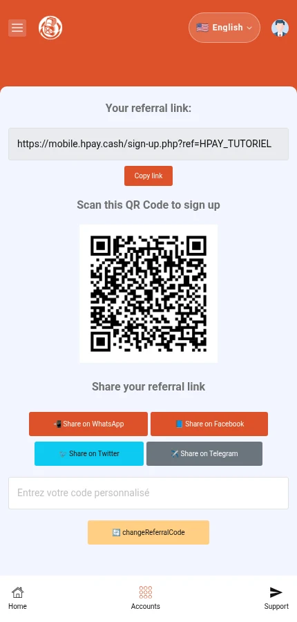 Look for: ⁨« Your referral link »⁩ · ⁨« Copy link »⁩. This link and QR belong to the demo character. Copy your own link inside your account.