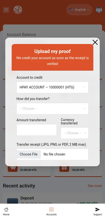 Look for: ⁨« Account to credit »⁩ · ⁨« How did you transfer? »⁩. Scroll inside this window. The transaction reference and submit button are below the photographed portion.