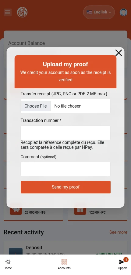 The lower part of the form shows the transaction reference, comment and ⁨« Send my proof »⁩. Attach your own proof and complete the required fields before sending.