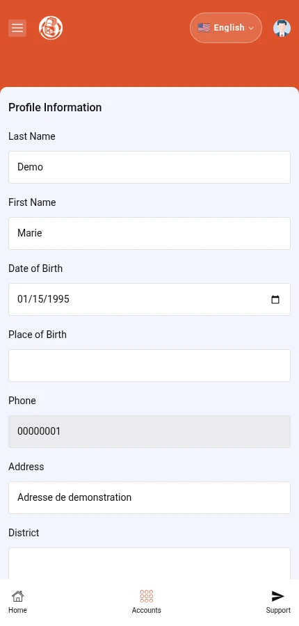 Look for: ⁨« Profile Information »⁩ · ⁨« Last Name »⁩ · ⁨« First Name »⁩. Only the upper form is shown. Scroll down for the remaining fields.