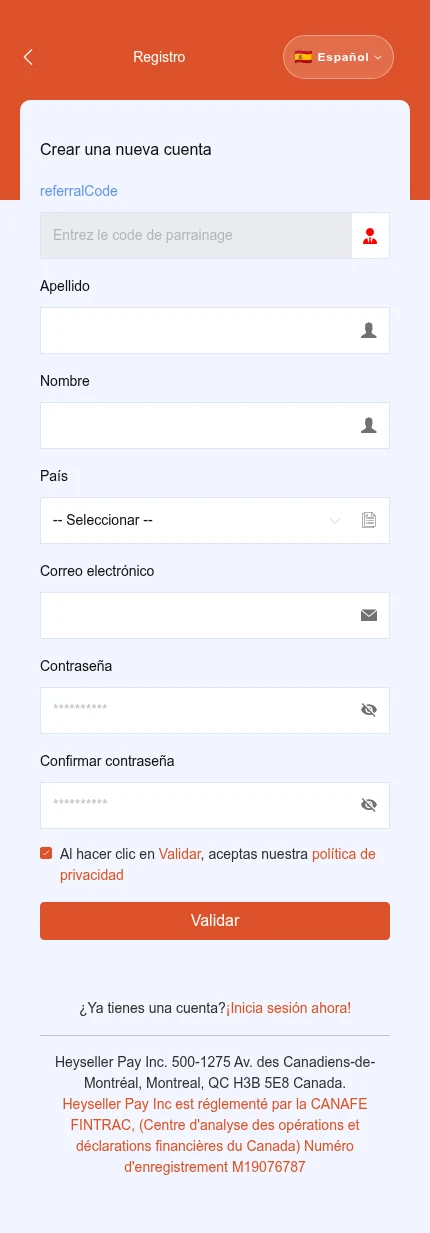 Identifique: ⁨« Apellido »⁩ · ⁨« Nombre »⁩ · ⁨« País »⁩ · ⁨« Validar »⁩. Todavía no hay país seleccionado. Pueden aparecer campos adicionales al elegirlo.