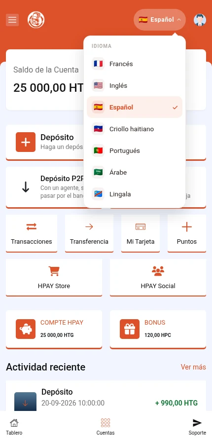 La lista está abierta: pulse el nombre del idioma deseado.