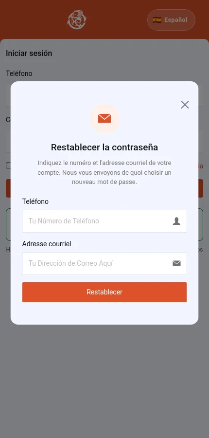 Identifique: ⁨« Teléfono »⁩ · ⁨« Adresse courriel »⁩ · ⁨« Restablecer »⁩. El formulario está vacío: introduzca los datos de su propia cuenta.