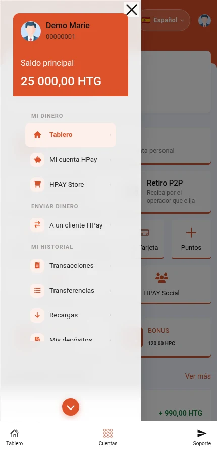 Identifique: ⁨« Mi cuenta HPay »⁩ · ⁨« A un cliente HPay »⁩. Es la parte superior del menú abierto. Las demás entradas, incluida la salida, están más abajo.