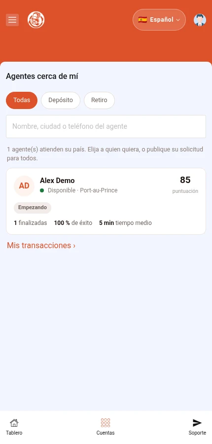 Identifique: ⁨« Agentes cerca de mí »⁩. La búsqueda está encima del agente ficticio. Pulse su tarjeta para abrir la ficha.