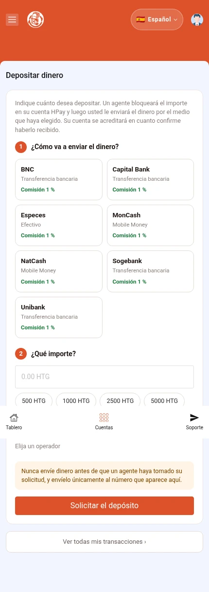 Identifique: ⁨« Solicitar el depósito »⁩. Todavía no se ha elegido método ni importe. El resumen dependerá de sus datos.