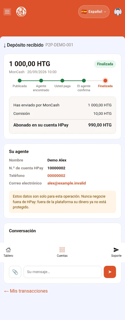 Identifique: ⁨« Conversación »⁩. El ejemplo muestra un depósito terminado. Los botones de una operación pendiente son diferentes.