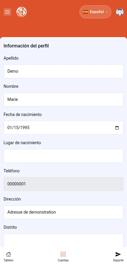 Identifique: ⁨« Información del perfil »⁩ · ⁨« Apellido »⁩ · ⁨« Nombre »⁩. Solo se muestra la parte superior. Desplácese para ver los demás campos.