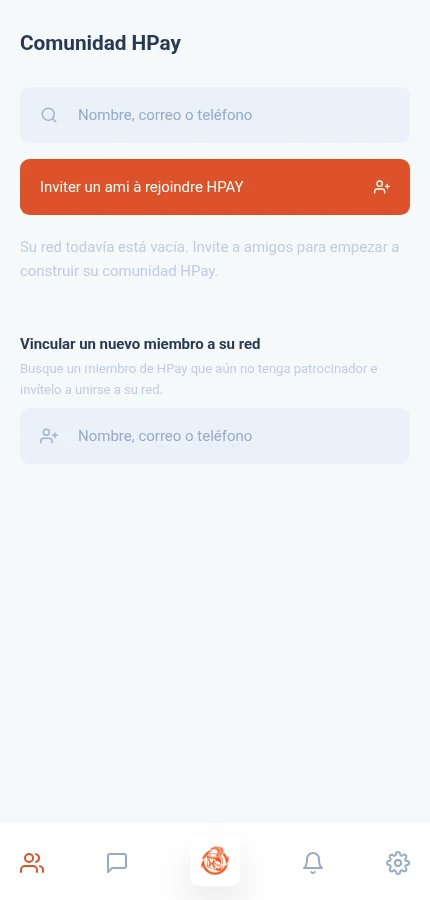 Identifique: ⁨« Inviter un ami à rejoindre HPAY »⁩. La red está vacía. El bocadillo inferior abre conversaciones; el botón de invitación está arriba.