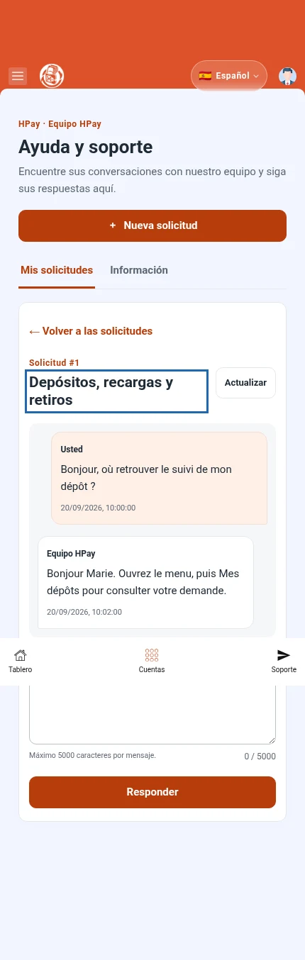 Identifique: ⁨« Responder »⁩. Las burbujas muestran mensajes ficticios y sus fechas. El campo de respuesta está debajo.