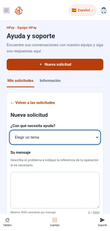 Identifique: ⁨« ¿Con qué necesita ayuda? »⁩ · ⁨« Su mensaje »⁩. Elija el tema y escriba el mensaje. El botón de envío está más abajo.