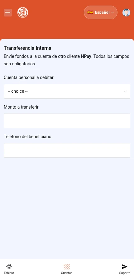 Identifique: ⁨« Cuenta personal a debitar »⁩ · ⁨« Monto a transferir »⁩ · ⁨« Teléfono del beneficiario »⁩. El formulario está vacío: introduzca los datos de su propia cuenta.