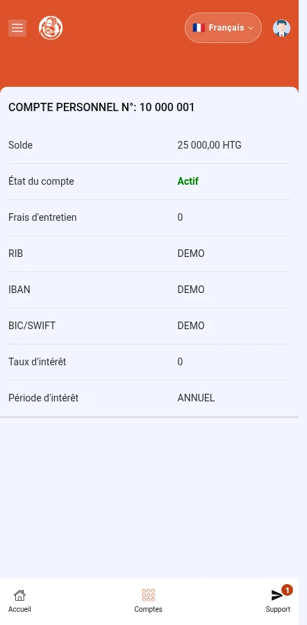 À repérer : ⁨« Solde »⁩ · ⁨« État du compte »⁩. Le numéro, le solde et les coordonnées affichés sont fictifs. Ne les utilisez pas pour recevoir un paiement.