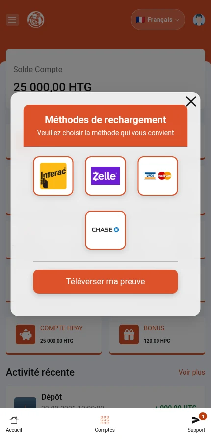 À repérer : ⁨« Méthodes de rechargement »⁩ · ⁨« Téléverser ma preuve »⁩. Touchez un logo pour ouvrir les instructions de ce moyen. Les logos affichés ne garantissent pas leur disponibilité dans tous les pays.