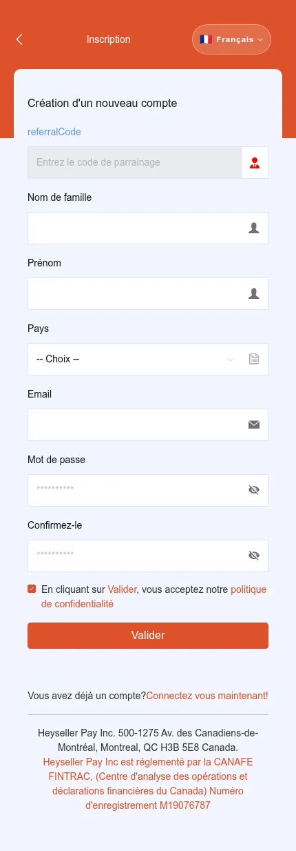 À repérer : ⁨« Nom de famille »⁩ · ⁨« Prénom »⁩ · ⁨« Pays »⁩ · ⁨« Valider »⁩. Le pays n’est pas encore sélectionné. Des champs supplémentaires peuvent apparaître après votre choix.