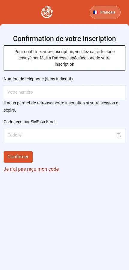À repérer : ⁨« Numéro de téléphone (sans indicatif) »⁩ · ⁨« Code reçu par SMS ou Email »⁩ · ⁨« Confirmer »⁩. Le formulaire est vide : les valeurs devront être celles de votre compte.