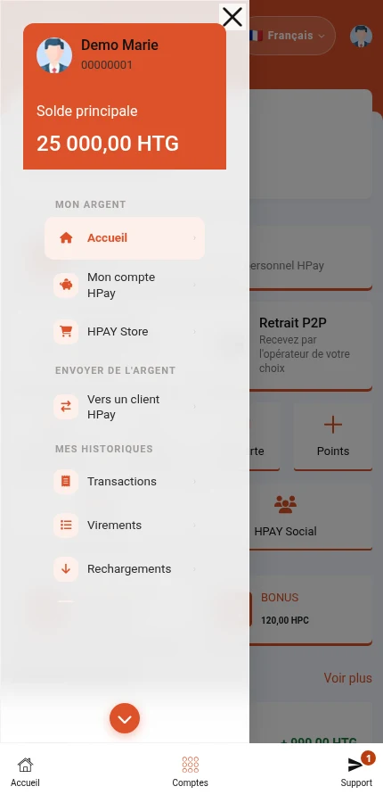 À repérer : ⁨« Mon compte HPay »⁩ · ⁨« Vers un client HPay »⁩. La capture montre le haut du menu ouvert. Les autres entrées, dont la déconnexion, sont plus bas.