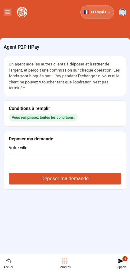 À repérer : ⁨« Déposer ma demande »⁩. Le personnage remplit les conditions de candidature. La saisie de sa ville et l’envoi du formulaire ne valent pas approbation.