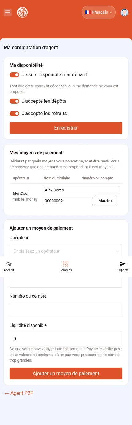 À repérer : ⁨« Enregistrer »⁩ · ⁨« Ajouter un moyen de paiement »⁩. La disponibilité est réglée en haut ; les moyens de paiement se configurent dans les blocs suivants.