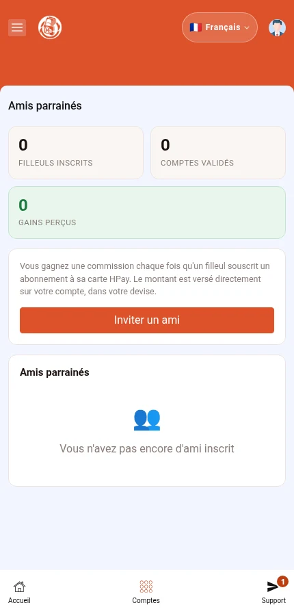 À repérer : ⁨« Amis parrainés »⁩. Le compte de démonstration ne contient aucune ligne dans cette liste.