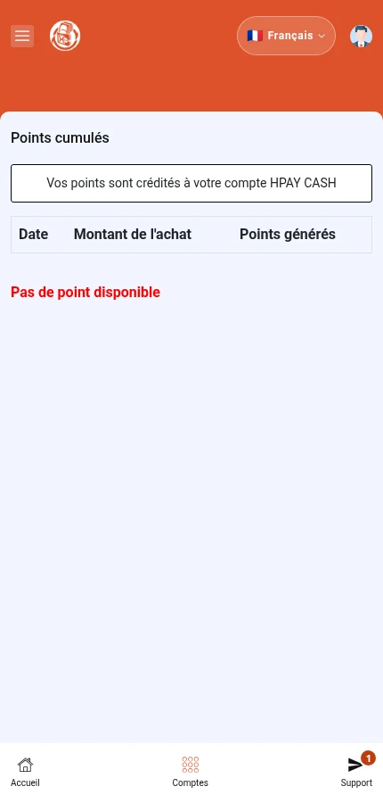 À repérer : ⁨« Date »⁩ · ⁨« Montant de l'achat »⁩ · ⁨« Points générés »⁩. Le compte de démonstration ne contient aucune ligne dans cette liste.
