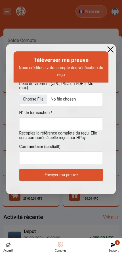 La partie basse du formulaire montre la référence de transaction, le commentaire et ⁨« Envoyer ma preuve »⁩. Joignez votre propre preuve et renseignez les champs obligatoires avant l’envoi.