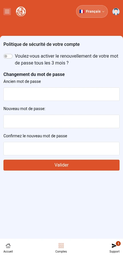 À repérer : ⁨« Voulez-vous activer le renouvellement de votre mot de passe tous les 3 mois ? »⁩ · ⁨« Ancien mot de passe »⁩ · ⁨« Nouveau mot de passe: »⁩ · ⁨« Valider »⁩. Le formulaire est vide : les valeurs devront être celles de votre compte.