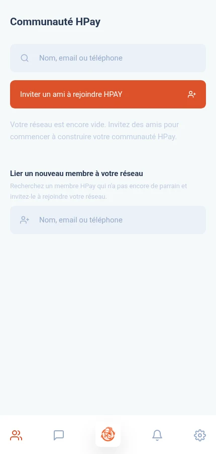 À repérer : ⁨« Inviter un ami à rejoindre HPAY »⁩. Le réseau est vide. La bulle en bas ouvre les conversations ; le bouton d’invitation est au-dessus.