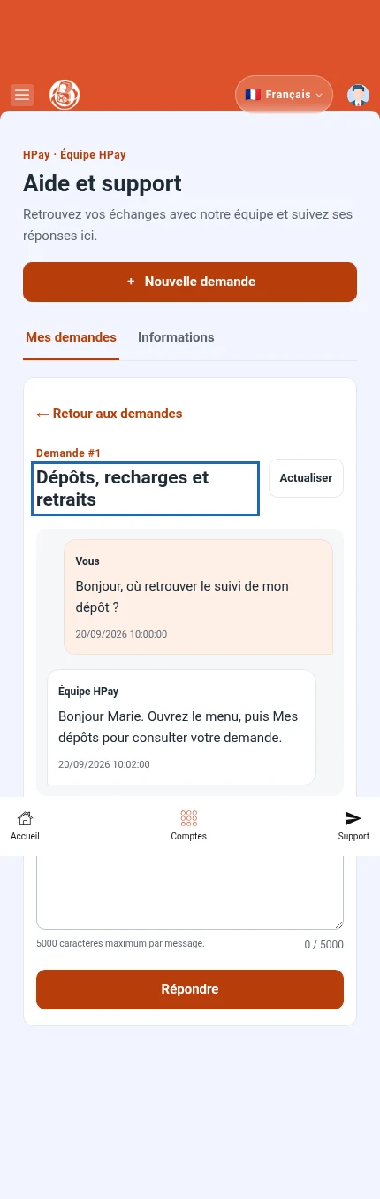 À repérer : ⁨« Répondre »⁩. Les bulles montrent un échange fictif et ses dates. Le champ de réponse se trouve sous les messages.