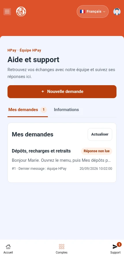 À repérer : ⁨« Mes demandes »⁩ · ⁨« Nouvelle demande »⁩. La liste contient une demande de démonstration. Touchez une demande pour ouvrir sa conversation.