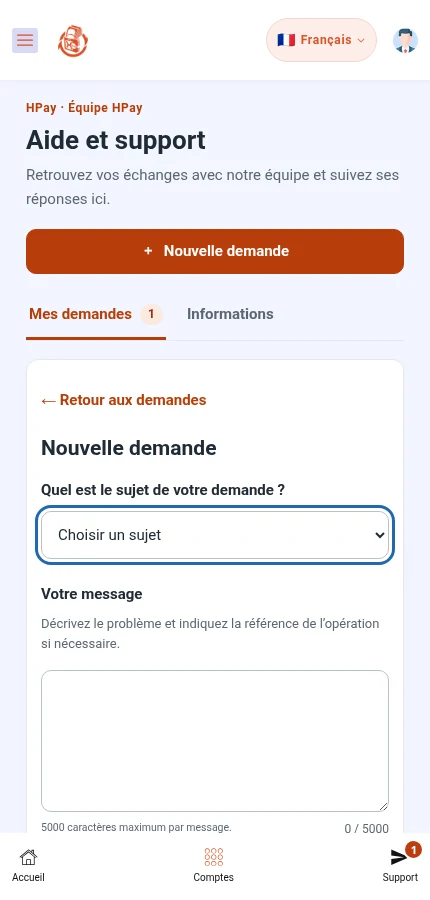 À repérer : ⁨« Quel est le sujet de votre demande ? »⁩ · ⁨« Votre message »⁩. Choisissez le sujet puis écrivez le message. Le bouton d’envoi est plus bas dans le formulaire.