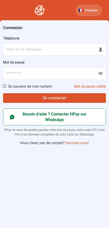 Sa pou w repere: ⁨« Telefòn »⁩ · ⁨« Modpas »⁩ · ⁨« Konekte »⁩ · ⁨« Enskri w! »⁩. Fòm nan vid: mete enfòmasyon pwòp kont ou.
