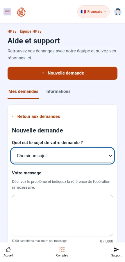Sa pou w repere: ⁨« Ki sijè demann ou an? »⁩ · ⁨« Mesaj ou »⁩. Chwazi sijè a epi ekri mesaj la. Bouton voye a pi ba nan fòm nan.