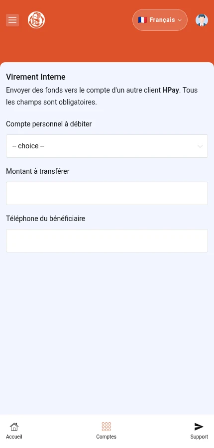 Sa pou w repere: ⁨« Kont pèsonèl pou debite »⁩ · ⁨« Montan pou transfere »⁩ · ⁨« Telefòn benefisyè a »⁩. Fòm nan vid: mete enfòmasyon pwòp kont ou.