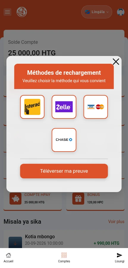 Talá: ⁨« Méthodes de rechargement »⁩ · ⁨« Téléverser ma preuve »⁩. Finá logo mpo na kotala malako na yango. Logo elakisi te ete service ezali na mboka nyonso.