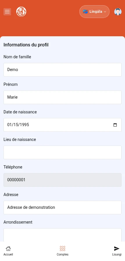 Talá: ⁨« Informations du profil »⁩ · ⁨« Nom de famille »⁩ · ⁨« Prénom »⁩. Kaka eteni ya likoló emonisami. Kitisá lokasa mpo na champs mosusu.
