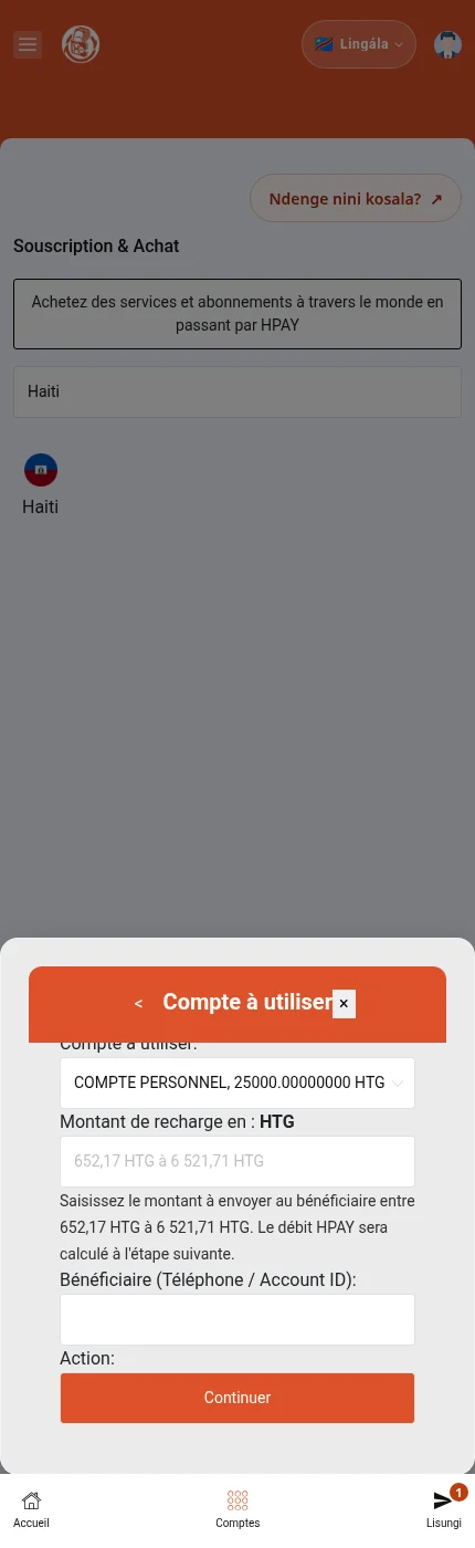 Formulaire ya solo efungwami na konti ya komeka. Motuya mpe moto oyo akozwa batondisami te. Elilingi esuki liboso ya ⁨« Continuer »⁩, oyo ebandisaka simulation epai ya mopesi service.