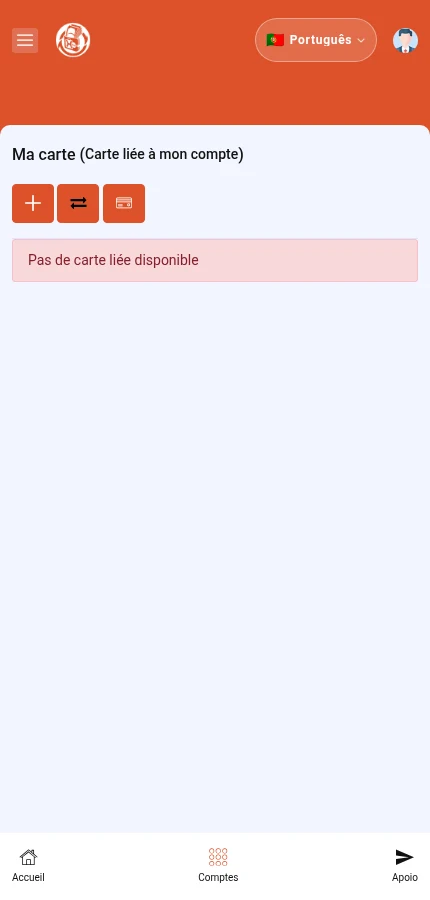 Identifique: ⁨« Pas de carte liée disponible »⁩. Não há cartão associado. « + » abre o formulário de adição, sem criar um cartão por si só.