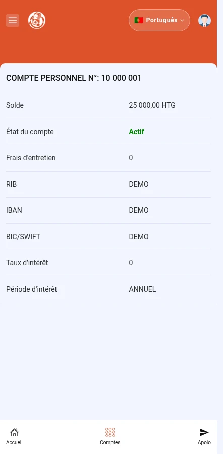 Identifique: ⁨« Solde »⁩ · ⁨« État du compte »⁩. O número, saldo e dados são fictícios. Não os use para receber pagamentos.