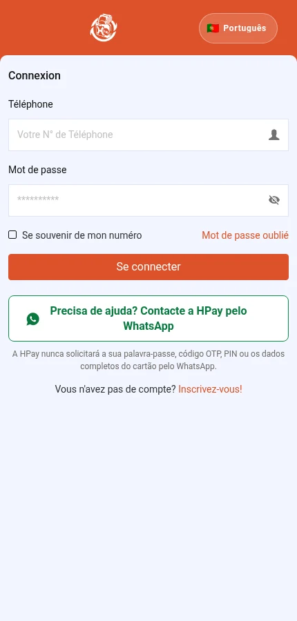 Identifique: ⁨« Téléphone »⁩ · ⁨« Mot de passe »⁩ · ⁨« Se connecter »⁩ · ⁨« Inscrivez-vous! »⁩. O formulário está vazio: introduza os dados da sua própria conta.