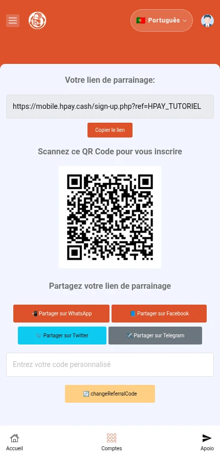 Identifique: ⁨« Votre lien de parrainage »⁩ · ⁨« Copier le lien »⁩. O link e QR pertencem ao personagem fictício. Copie o seu próprio link na sua conta.