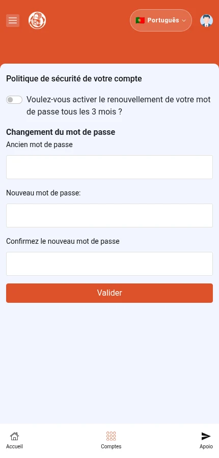 Identifique: ⁨« Voulez-vous activer le renouvellement de votre mot de passe tous les 3 mois ? »⁩ · ⁨« Ancien mot de passe »⁩ · ⁨« Nouveau mot de passe: »⁩ · ⁨« Valider »⁩. O formulário está vazio: introduza os dados da sua própria conta.