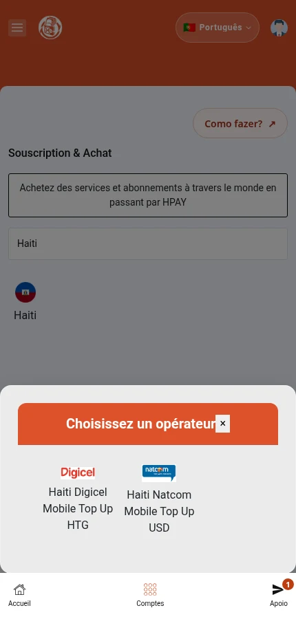 O catálogo real apresenta os operadores disponíveis para o Haiti. O percurso ilustrado continua com Haiti Digicel.