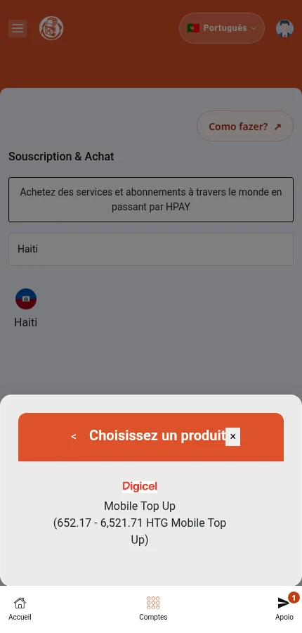 Esta janela mostra os produtos realmente devolvidos para Haiti Digicel quando a captura foi feita. Toque numa oferta para abrir o formulário.